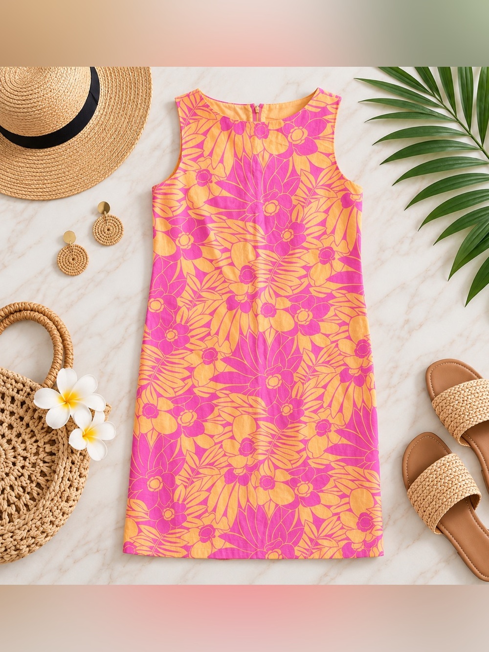 System Sleeveless Pink & Yellow Floral Shift Dress Large